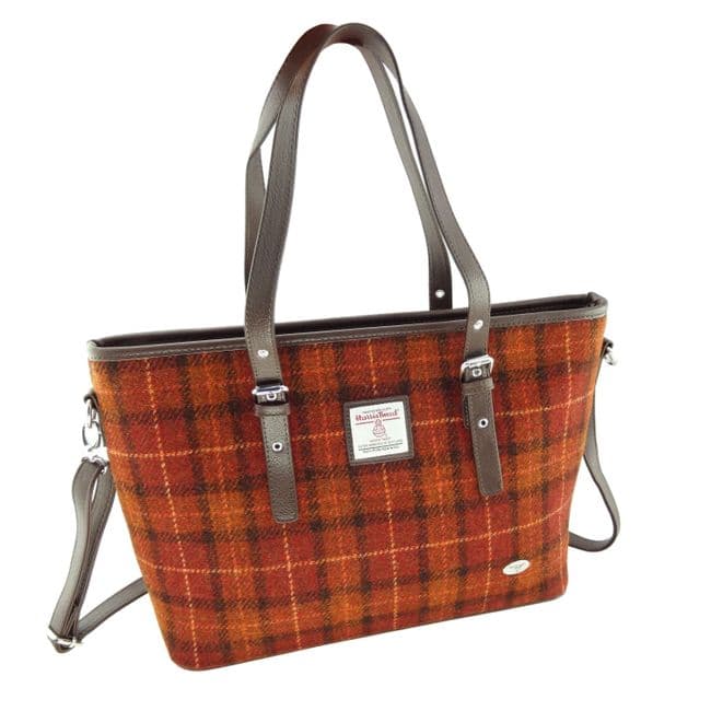Ladies Authentic Harris Tweed Large Tote Bag  Orange Check