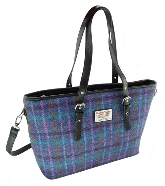 Ladies Authentic Harris Tweed Large Tote Bag Purple Multi Check