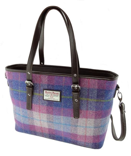 Ladies Authentic Harris Tweed Large Tote Bag Purple/Pink Tartan