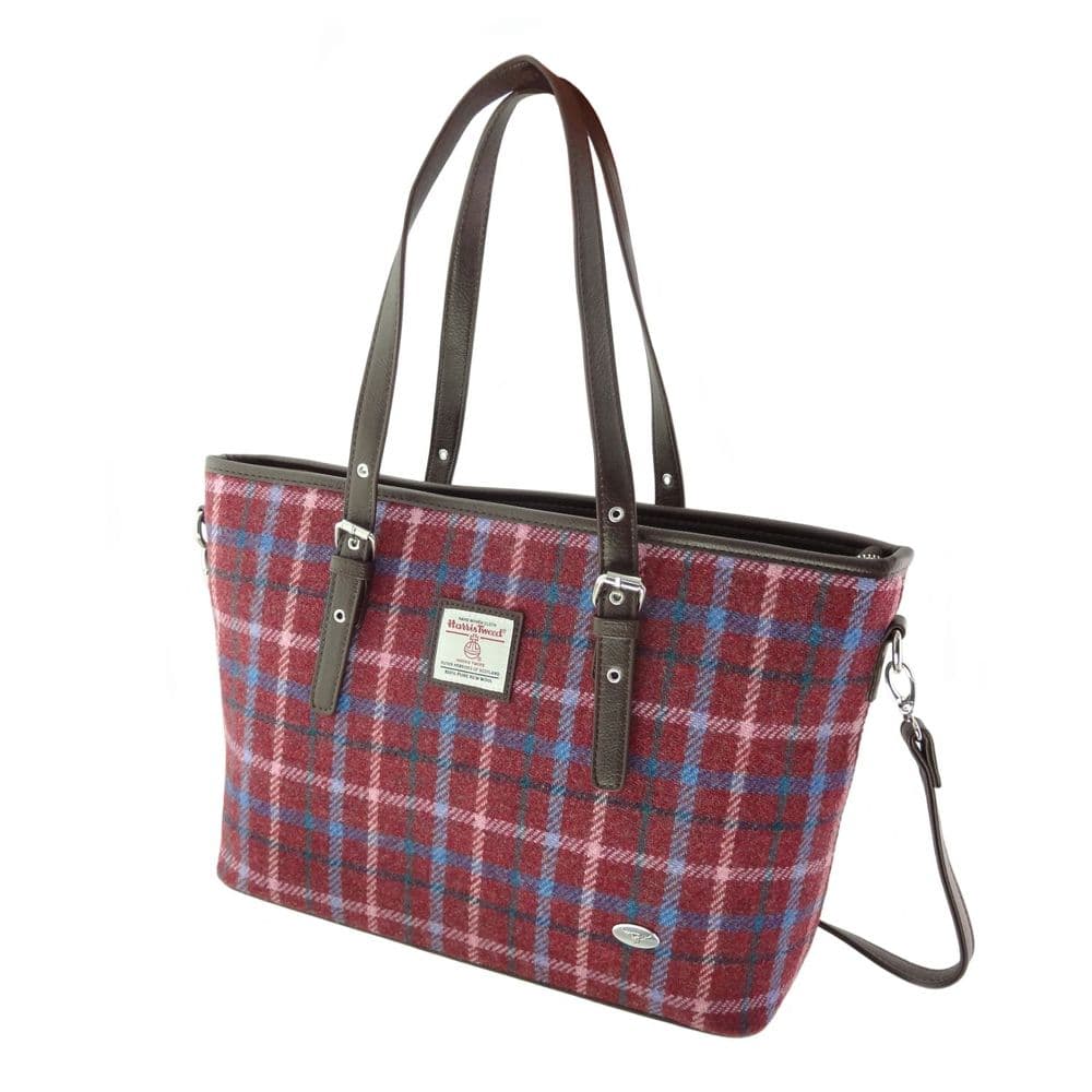 Ladies Authentic Harris Tweed Large Tote Bag Rust Red With Green/White & Blue Overcheck