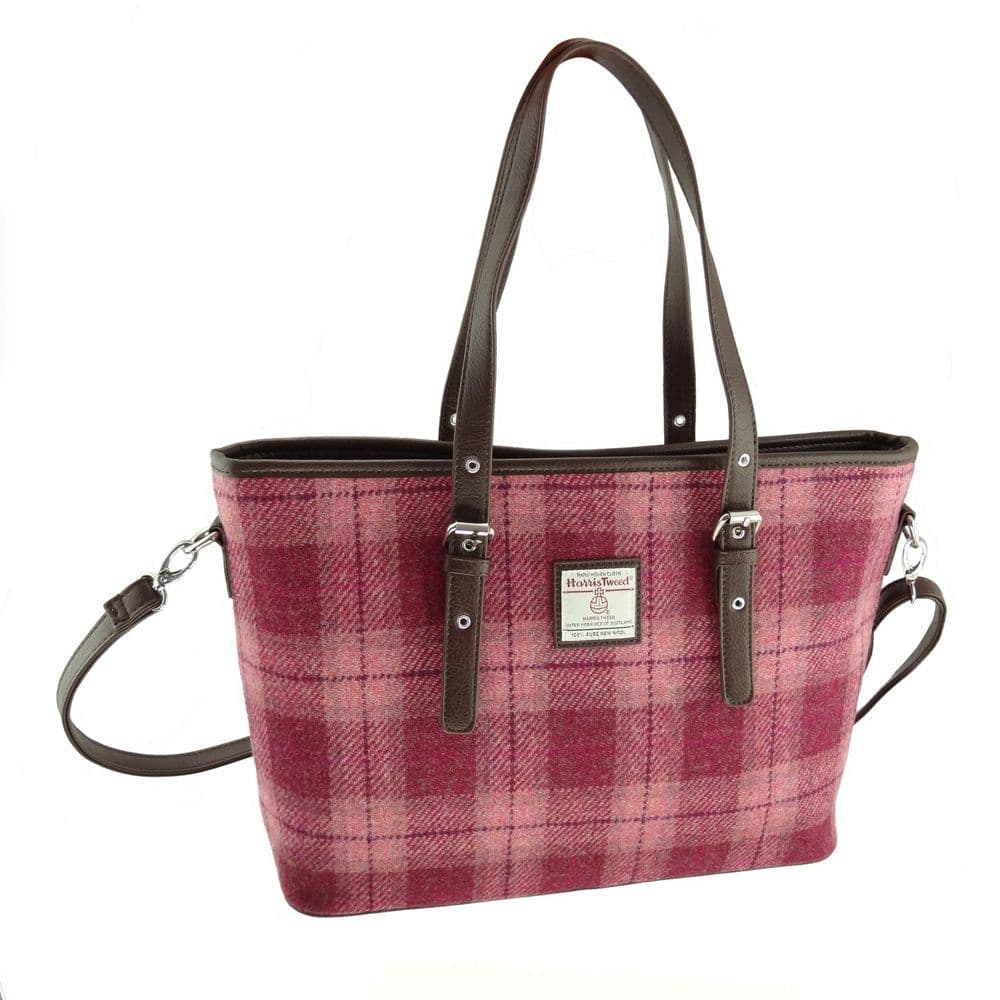 Ladies Authentic Harris Tweed Large Tote Bag Salmon Pink Check