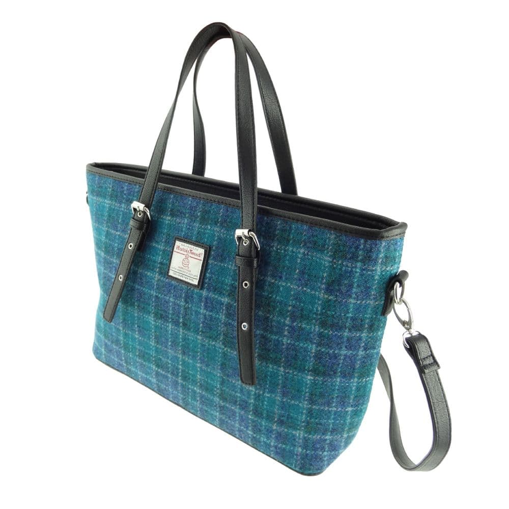Ladies Authentic Harris Tweed Large Tote Bag Sea Blue Check