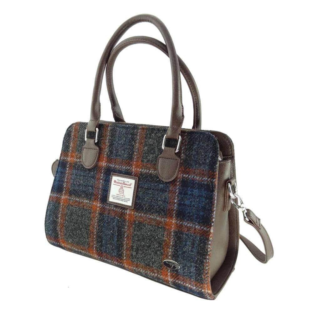 Ladies Authentic Harris Tweed Midi Tote Findhorn Bag Grey with Rust Overcheck