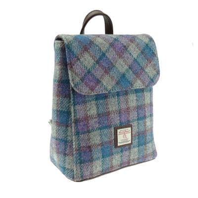 Ladies Authentic Harris Tweed Mini Backpack Blue/Purple Check On Grey