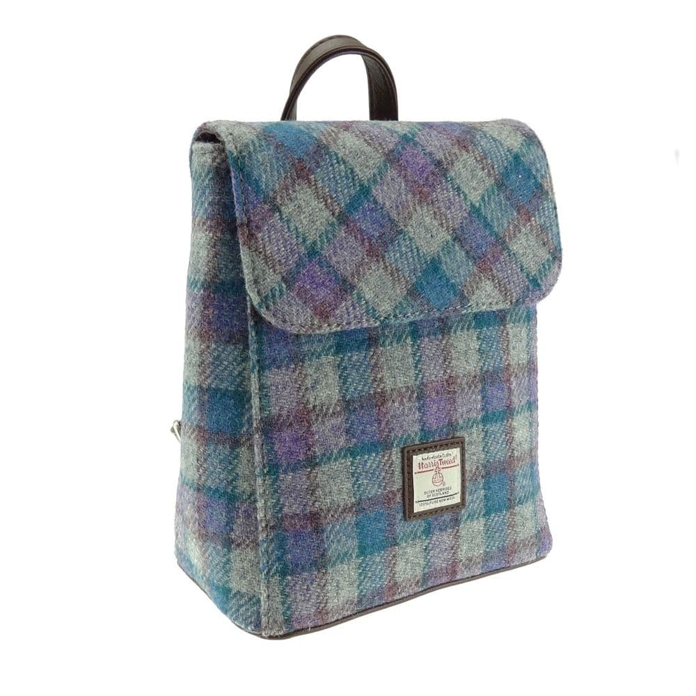 Ladies Authentic Harris Tweed Mini Backpack Blue/Purple Check On Grey