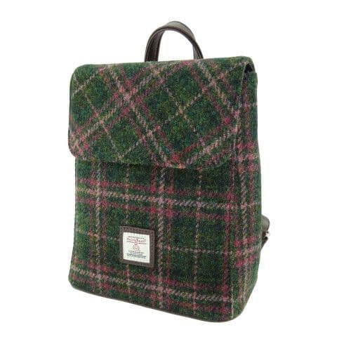 Ladies Authentic Harris Tweed Mini Backpack Dark Green Plum Check