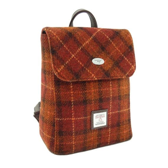 Ladies Authentic Harris Tweed Mini Backpack Dark Orange Check