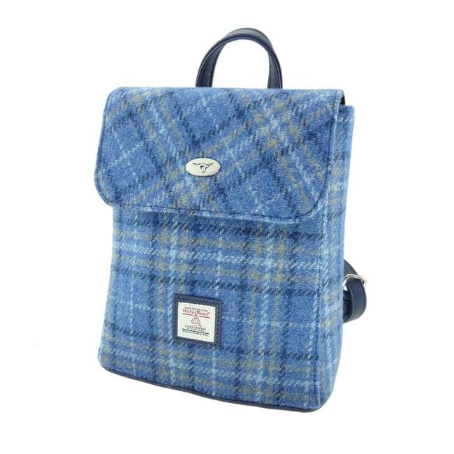 Ladies Authentic Harris Tweed Mini Backpack Light Blue Check