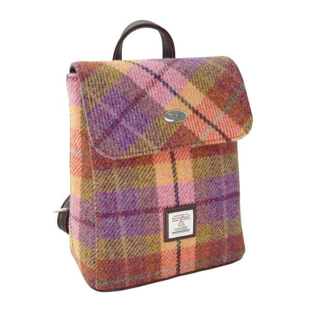 Ladies Authentic Harris Tweed Mini Backpack Orange & Lilac Check