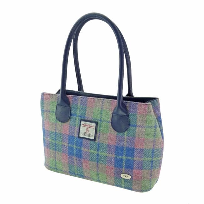 Ladies Authentic Harris Tweed Muted Green & Purple Tartan Classic Handbag