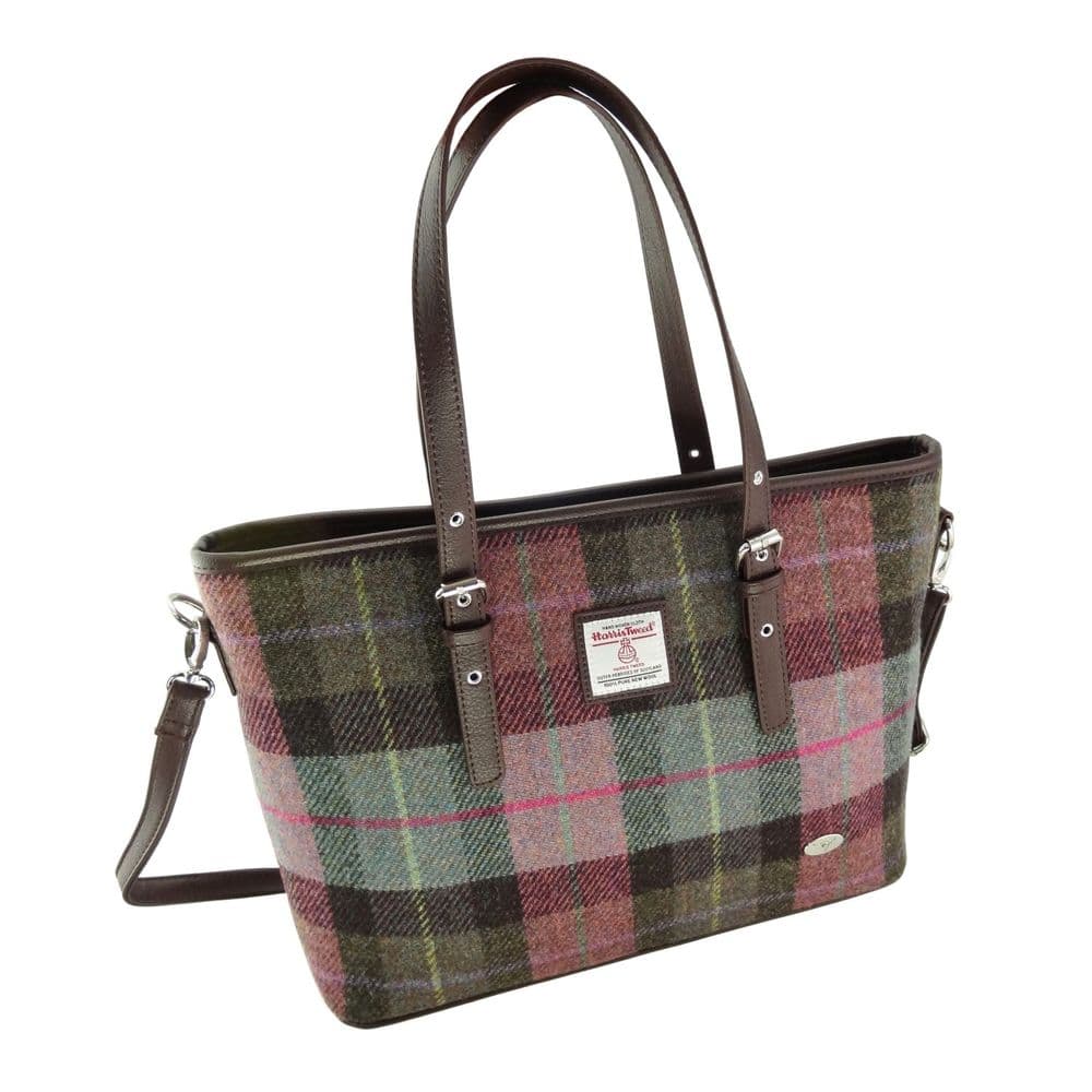 Ladies Authentic Harris Tweed Muted Green & Purple Tartan Large Tote Bag