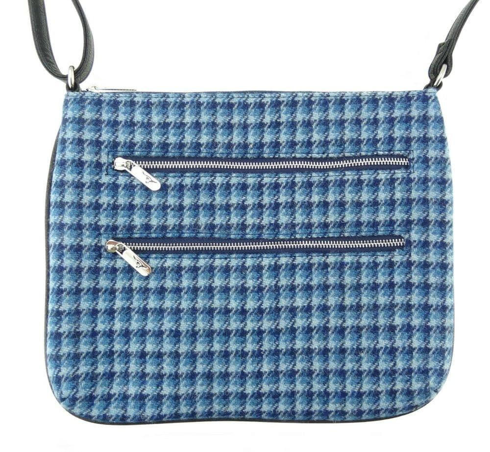 Ladies Authentic Harris Tweed Ocean Blue Dogtooth Teviot Multi-Zip Bag