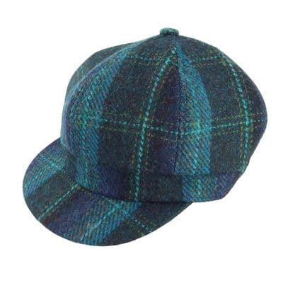 Ladies Authentic Harris Tweed One Size Baker Boy Cap Blue with Turquoise Overcheck