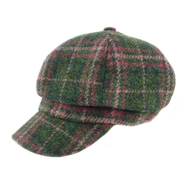 Ladies Authentic Harris Tweed One Size Baker Boy Cap Green Check