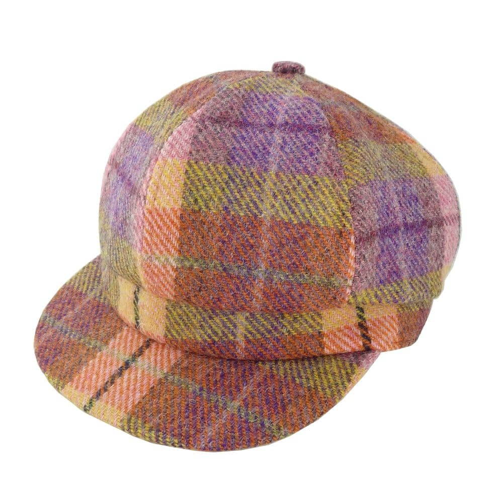 Ladies Authentic Harris Tweed One Size Baker Boy Cap Orange With Lilac Overcheck
