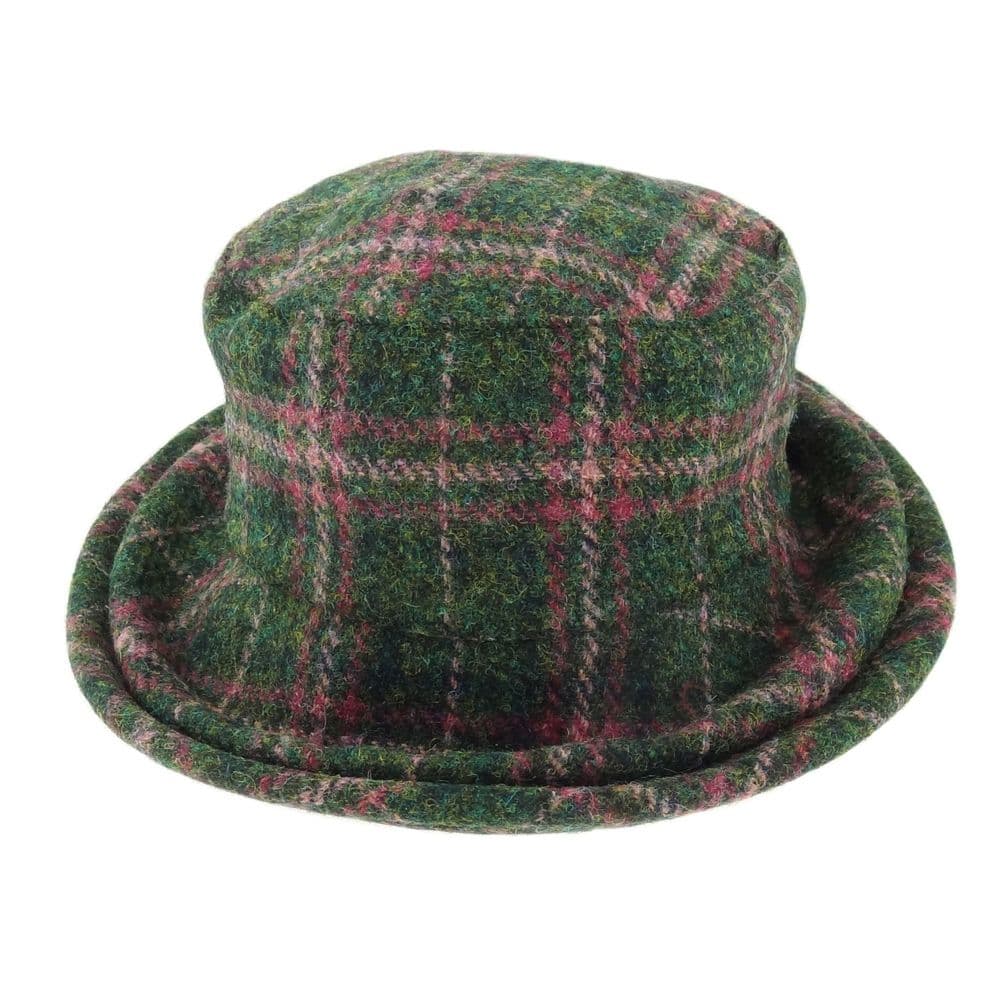 Ladies Authentic Harris Tweed One Size Cloche Hat Green Check