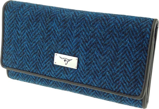 Ladies Authentic Harris Tweed Purse in Deep Blue Herringbone with ID Window