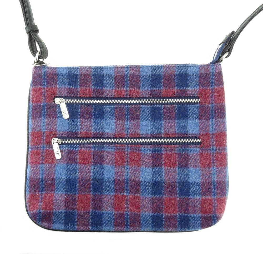 Ladies Authentic Harris Tweed Red & Blue Check Teviot Multi-Zip Bag
