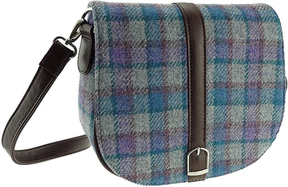 Ladies Authentic Harris Tweed Shoulder Bag Blue/Purple Check on Grey