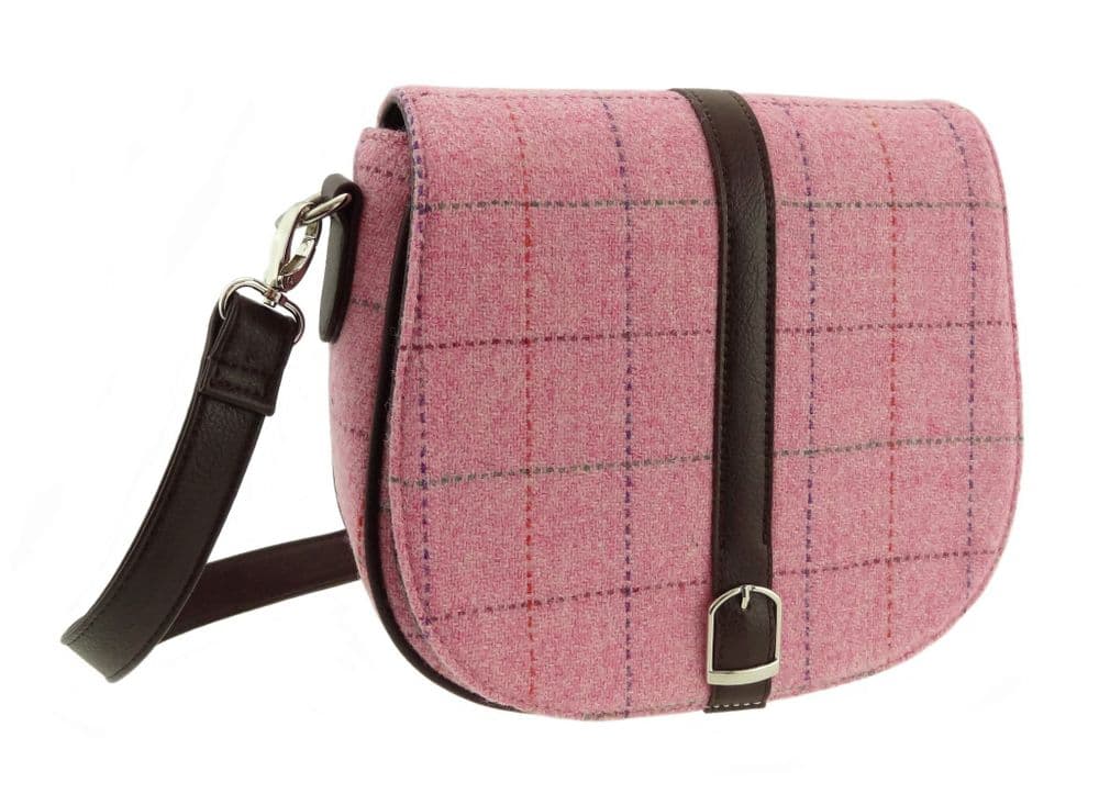 Ladies Authentic Harris Tweed Shoulder Bag Bright Pink With Overcheck
