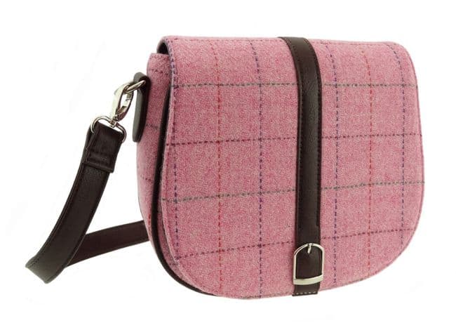 Ladies Authentic Harris Tweed Shoulder Bag Bright Pink With Overcheck