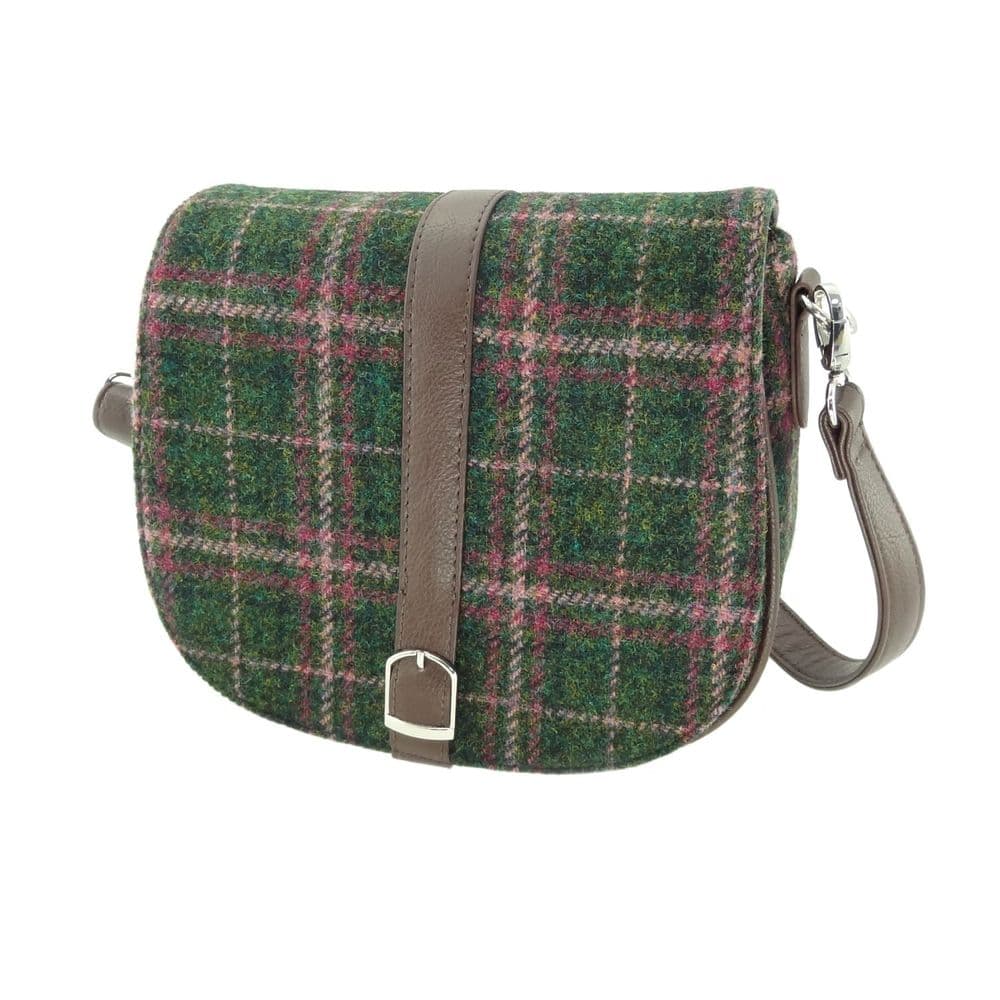 Ladies Authentic Harris Tweed Shoulder Bag Dark Green and Plum Check
