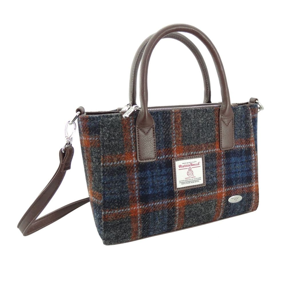 Ladies Authentic Harris Tweed Small Grey with Rust Overcheck Tote Bag