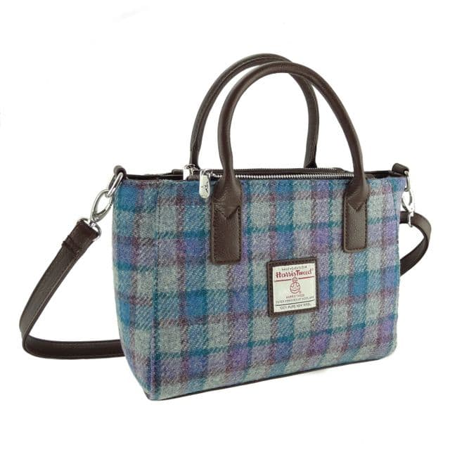 Ladies Authentic Harris Tweed Small Tote Bag Blue/Purple Check On Grey