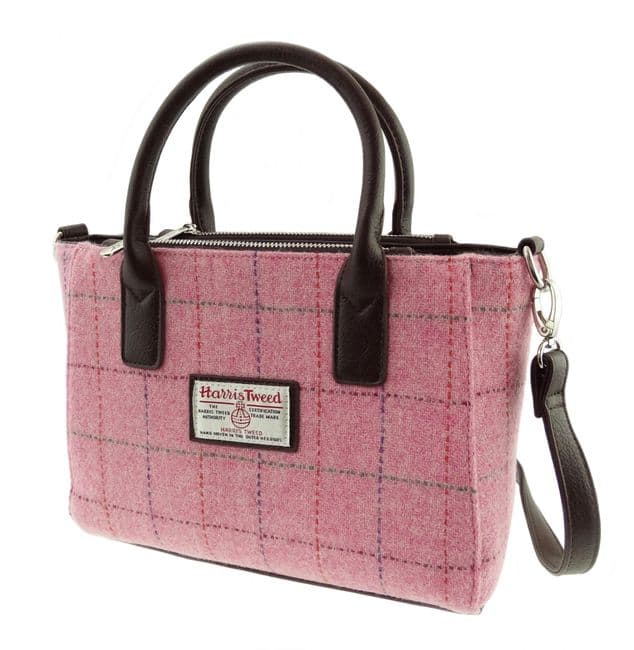 Ladies Authentic Harris Tweed Small Tote Bag Bright Pink With Overcheck