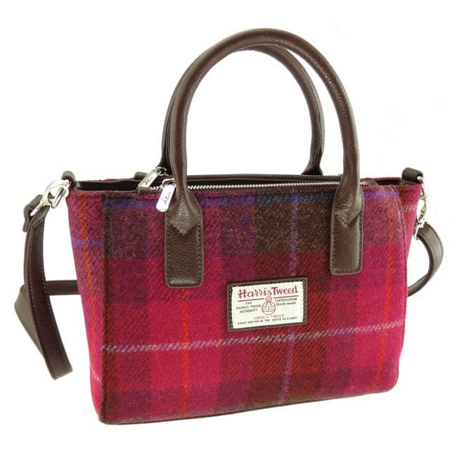 Ladies Authentic Harris Tweed Small Tote Bag Deep Pink Tartan