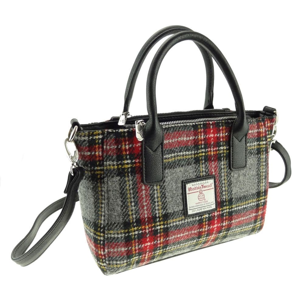 Ladies Authentic Harris Tweed Small Tote Bag Grey & Red Tartan