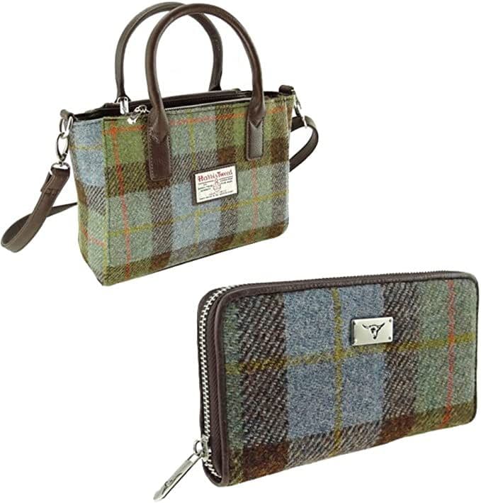 Ladies Authentic Harris Tweed Small Tote Bag & Matching Purse Set Green CheckTartan