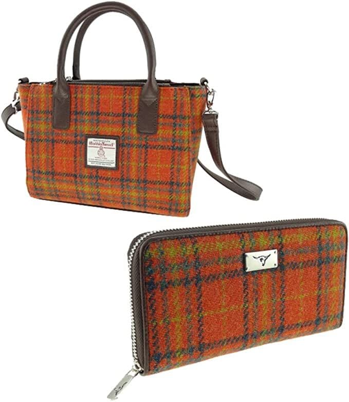 Ladies Authentic Harris Tweed Small Tote Bag & Matching Purse Set Orange Check Tartan