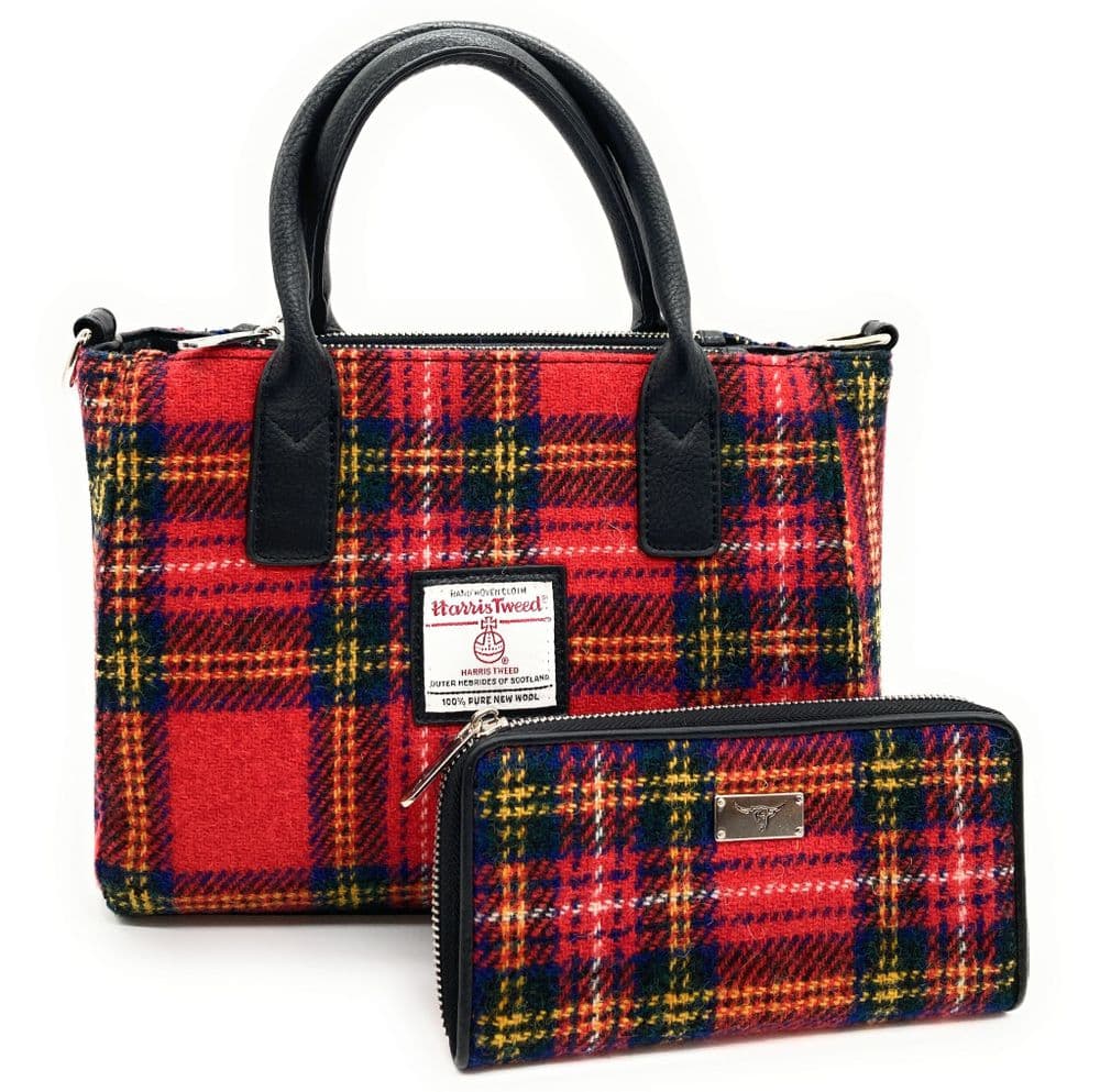 Ladies Authentic Harris Tweed Small Tote Bag & Matching Purse Set Royal Stewart Tartan