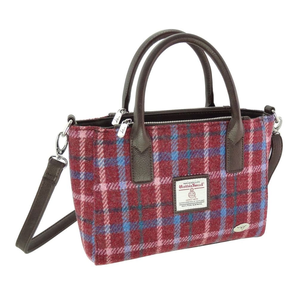 Ladies Authentic Harris Tweed Small Tote Bag Red Rust With Green/White & Blue Overcheck