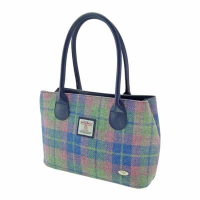 Ladies Authentic Harris Tweed Soft Blue and Pink Tartan Classic Handbag