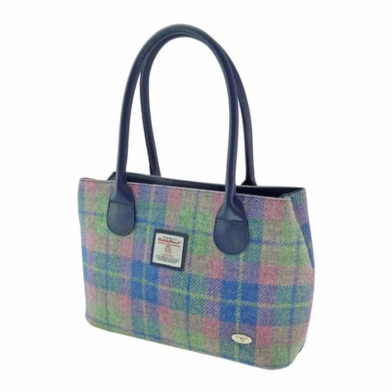 Ladies Authentic Harris Tweed Soft Blue and Pink Tartan Classic Handbag