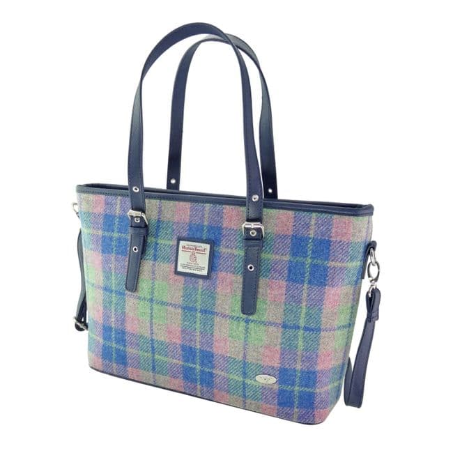 Ladies Authentic Harris Tweed Soft Blue and Pink Tartan Large Tote Bag