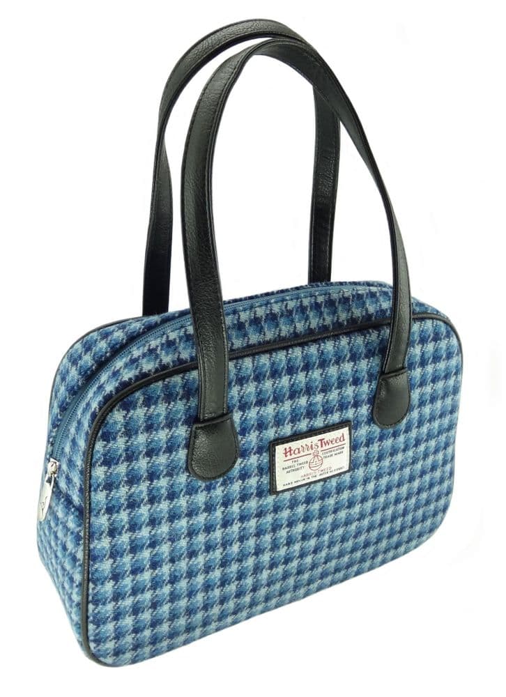 Ladies Authentic Harris Tweed Square Handbag Bright Blue Dogtooth
