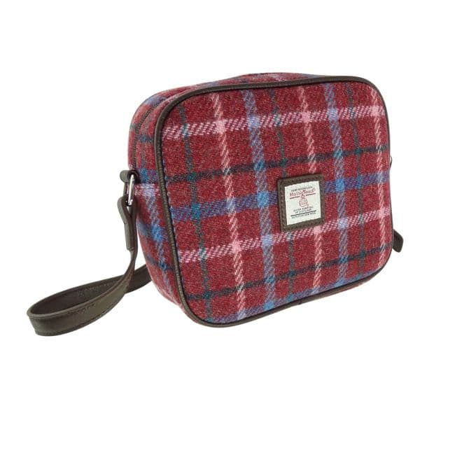Ladies Authentic Harris Tweed Square Mini Bag Red Rust With Green/White & Blue Overcheck