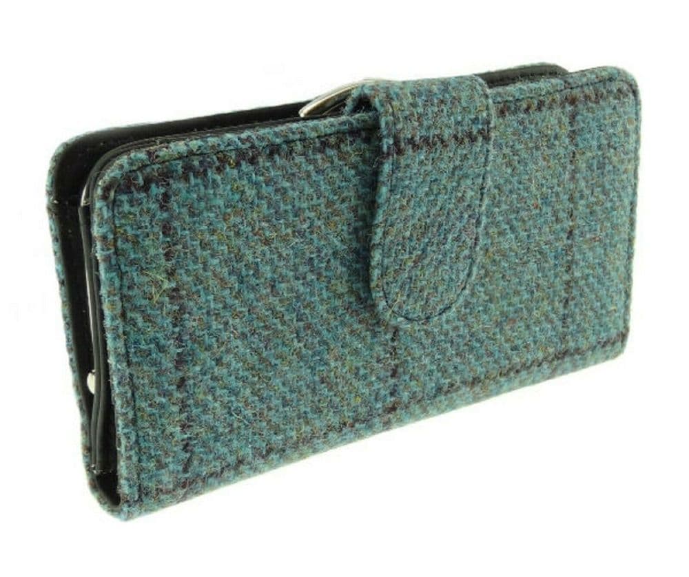Ladies Authentic Harris Tweed Turquoise Step Weave Check Long Clasp Purse