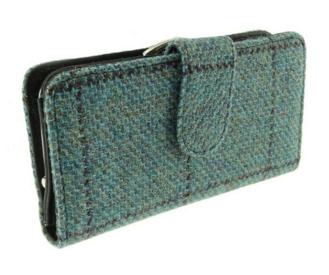 Ladies Authentic Harris Tweed Turquoise Step Weave Check Long Clasp Purse