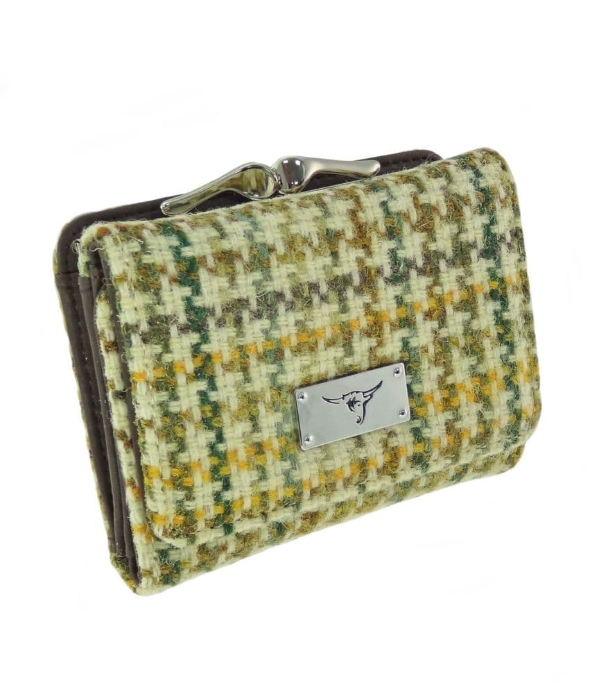 Ladies Authentic Harris Tweed Yellow, Green & Brown Dogtooth Small Clasp Purse