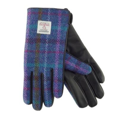 Ladies Black Leather And Authentic Harris Tweed Gloves Purple Multi Check