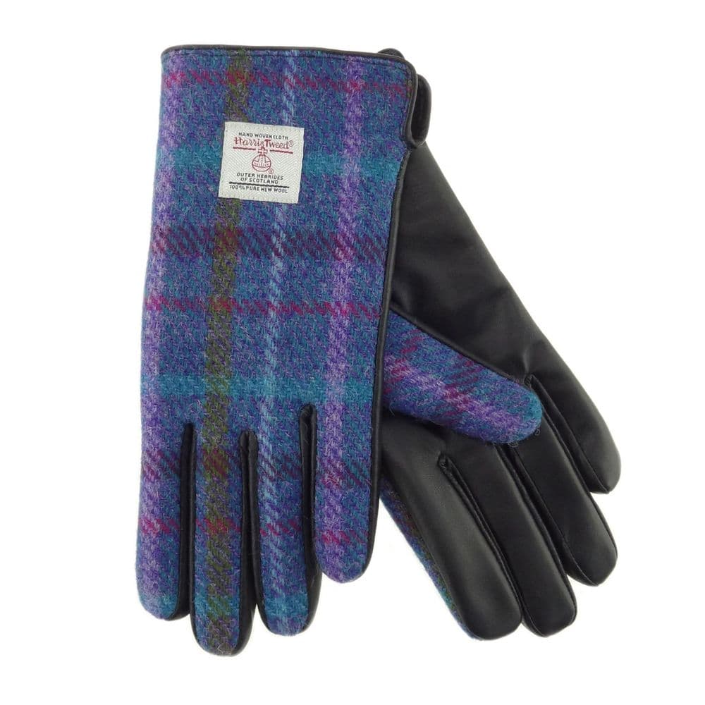 Ladies Black Leather And Authentic Harris Tweed Gloves Purple Multi Check