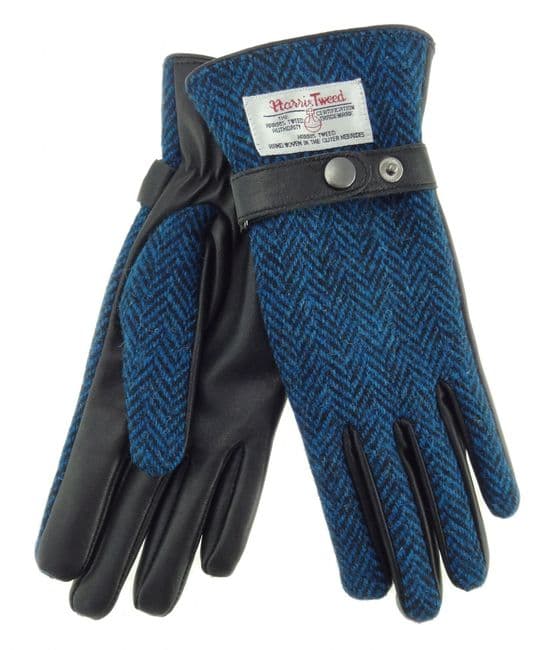Ladies Black Leather & Authentic Harris Tweed Gloves Blue Herringbone