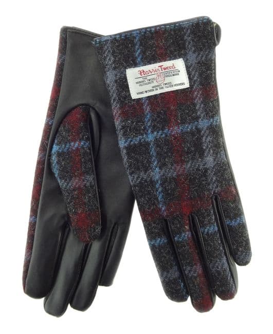 Ladies Black Leather & Authentic Harris Tweed Gloves Charcoal Check/Blue Line