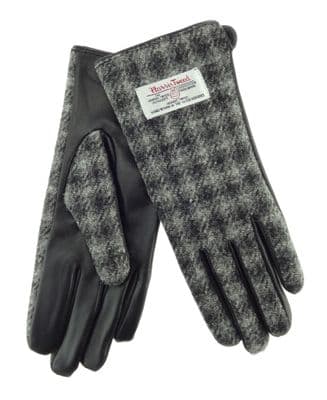 Ladies Black Leather & Authentic Harris Tweed Gloves Grey Dogtooth