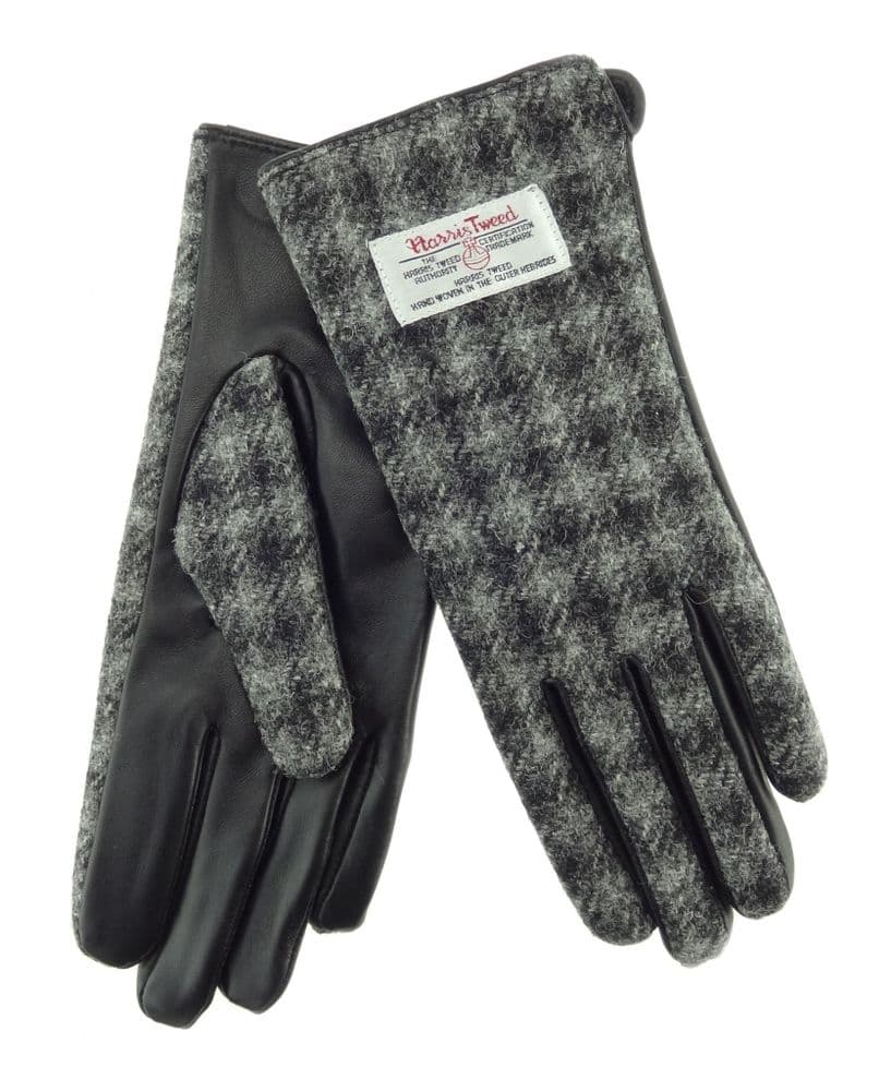 Ladies Black Leather & Authentic Harris Tweed Gloves Grey Dogtooth