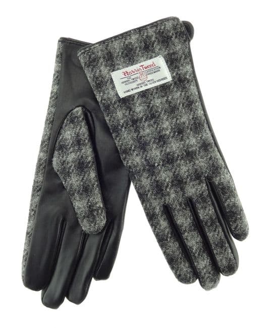 Ladies Black Leather & Authentic Harris Tweed Gloves Grey Dogtooth
